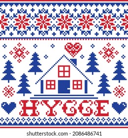 Hygge vector cross-stitch winter or Christmas seamless pattern - Danish and Norwegian design with home, trees, snow and hearts. Ugly Xmas jumper style pixelated background from Scandinavia 