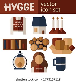 Hygge vector flat icon set: nordic sweater, house, candles, book shelf, wood pile, sofa, lantern, girl, mug. Vector icon collection in flat style. Template for logotype, infographics. EPS 10