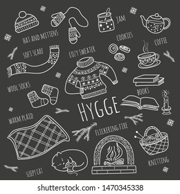 Hygge, a warm and cozy set of Doodle-style items. Vector illustration, individual elements on a dark background.