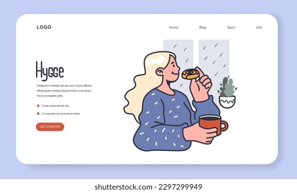 Hygge web banner or landing page. Scandinavian lifestyle approach or tradition. Idea of coziness and comfort. Body and mind balance. Flat vector illustration