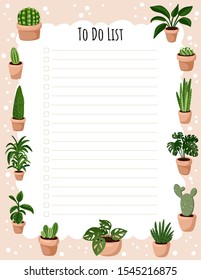 Hygge weekly planner and to do list with potted succulent plants. Cozy lagom scandinavian style template for agenda, planners, check lists, and other stationery