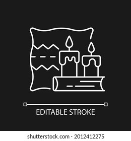 Hygge white linear icon for dark theme. Key to happiness. Nordic lifestyle. Comfortable atmosphere. Thin line customizable illustration. Isolated vector contour symbol for night mode. Editable stroke