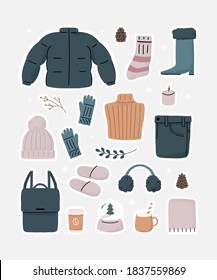 Hygge winter clothes essentials style sticker elements. Cute scandinavian lifestyle cozy objects winter holidays celebration. Hand drawn vector illustration.