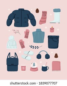 Hygge winter clothes essentials style elements. Cute scandinavian lifestyle cozy objects winter holidays celebration hand drawn vector illustration