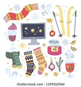 Hygge winter elements. Cute decoration home interior symbols for celebration Christmas and New year