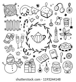 Hygge winter elements doodle illustrations. Cute Christmas icons on white background