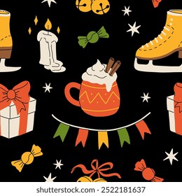 Hygge Winter elements seamless pattern. Cute and cozy cartoon vector collection. Illustration of christmas present, festive garland, warm knitted sweater, envelope, star and skates.