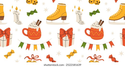 Hygge Winter elements seamless pattern. Cute and cozy cartoon vector collection. Illustration of christmas present, festive garland, warm knitted sweater, envelope, star and skates.