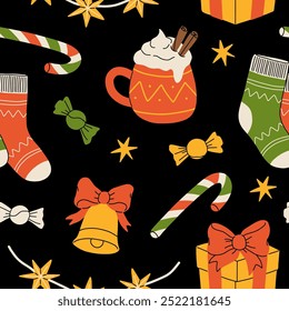 Hygge Winter elements seamless pattern. Cute and cozy cartoon vector collection. Illustration of christmas present, festive garland, warm knitted sweater, envelope, star and skates.