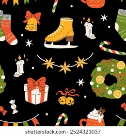 Hygge Winter elements seamless pattern. Cute and cozy cartoon vector collection. Illustration of christmas present, festive garland, warm knitted sweater, envelope, star and skates.