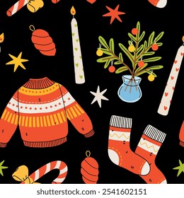 Hygge Winter Elemente nahtloses Muster. Nette und gemütliche Cartoon-Vektorsammlung. Illustration von Weihnachtsgeschenk, festliche Girlande, warmer Strickpullover, Umschlag, Stern und Schlittschuhe.