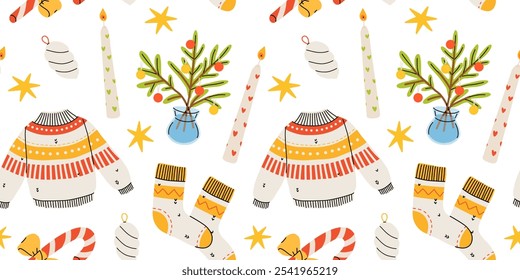 Hygge Winter elements seamless pattern. Cute and cozy cartoon vector collection. Illustration of christmas present, festive garland, warm knitted sweater, envelope, star and skates.