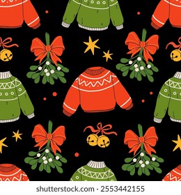 Hygge Winter elements seamless pattern. Cute and cozy cartoon vector collection. Illustration of christmas present, festive garland, warm knitted sweater, envelope, star and skates.