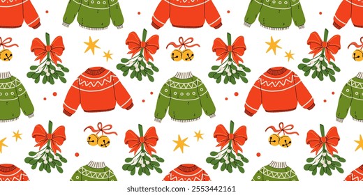 Hygge Winter elements seamless pattern. Cute and cozy cartoon vector collection. Illustration of christmas present, festive garland, warm knitted sweater, envelope, star and skates.