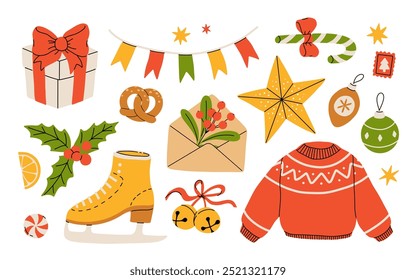 Hygge Winter elements set. Cute and cozy cartoon vector collection. Illustration of christmas present, festive garland, warm knitted sweater, envelope, star and skates.