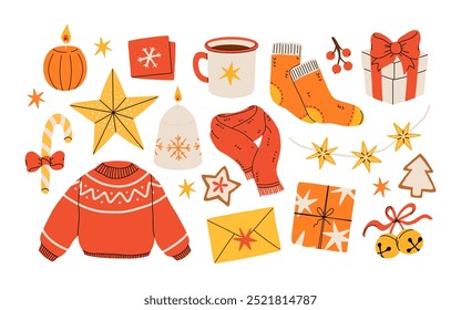 Conjunto de elementos Hygge Winter. Coleção de vetor de desenhos animados bonito e acolhedor. Ilustração de presente de Natal, grinalda festiva, suéter de malha quente, envelope, estrela e patins.