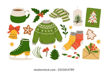 Hygge Winter elements set. Cute and cozy cartoon vector collection. Illustration of christmas present, festive garland, warm knitted sweater, envelope, star and skates.