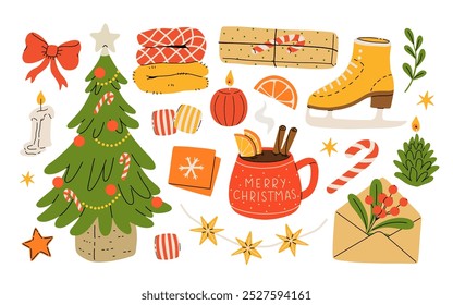 Hygge Winter elements set. Cute and cozy cartoon vector collection. Illustration of christmas present, festive garland, warm knitted sweater, envelope, star and skates.