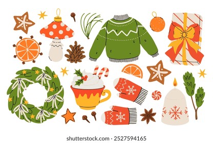 Hygge Winter elements set. Cute and cozy cartoon vector collection. Illustration of christmas present, festive garland, warm knitted sweater, envelope, star and skates.