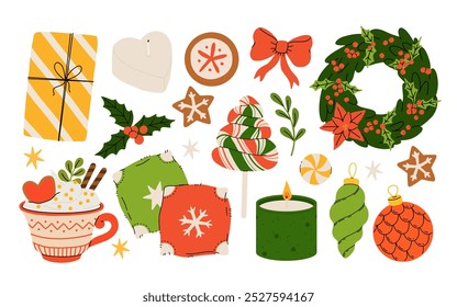 Hygge Winter elements set. Cute and cozy cartoon vector collection. Illustration of christmas present, festive garland, warm knitted sweater, envelope, star and skates.