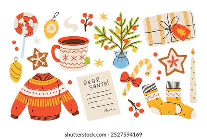 Hygge Winter elements set. Cute and cozy cartoon vector collection. Illustration of christmas present, festive garland, warm knitted sweater, envelope, star and skates.