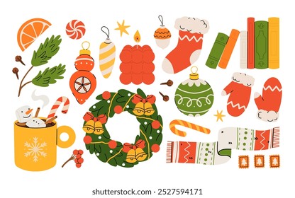 Hygge Winter elements set. Cute and cozy cartoon vector collection. Illustration of christmas present, festive garland, warm knitted sweater, envelope, star and skates.