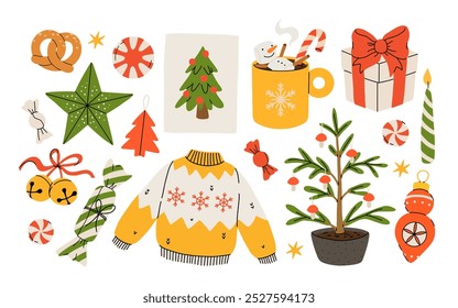 Hygge Winter elements set. Cute and cozy cartoon vector collection. Illustration of christmas present, festive garland, warm knitted sweater, envelope, star and skates.