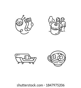Hyggelig time linear icons set. Knitted socks. Customizable thin line contour symbols. Homemade food. Hot chocolate with marshmallows. Isolated vector outline illustrations. Editable stroke