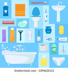 Hygiene accessories vector illustration. Bathroom set, washing, bathing, cleanliness pattern. Bath texture. Soap, towel, toothpaste, toilet, sink, shower bathtub, spray, shampoo, sponge.