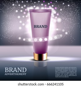 Hygiene ads template, Realistic packaging mock up. Container for cream, foams and other cosmetics with lights and glitter elements on the grey background, 3d illustration.