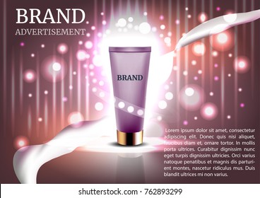 Hygiene ads template, Realistic packaging mock up. Container for cream, foams and other cosmetics with lights and glitter elements on the pink background, 3d illustration.
