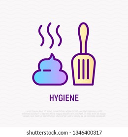 Hygiene after pet thin line icon: poop and scoop. Modern vector illustration for pet shop.
