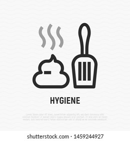 Hygiene after pet thin line icon: poop and scoop. Modern vector illustration for pet shop.