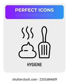 Hygiene after pet thin line icon: poop and scoop. Modern vector illustration for pet shop.