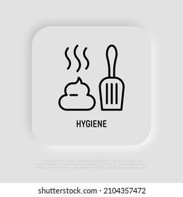 Hygiene after pet thin line icon: poop and scoop. Modern vector illustration for pet shop.