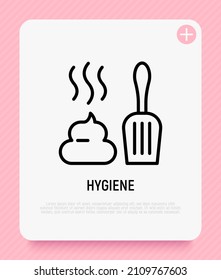 Higiene después del icono de la línea delgada de las mascotas: caca y cuchara. Ilustración vectorial moderna para tienda de mascotas.