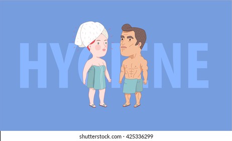 Hygiene, Nach der Dusche, flache Cartoon Vektorgrafik, Mann und Frau in die Handtücher eingeschlossen nebeneinander stehen, mit Titel Hygiene auf blauem Hintergrund. Ein Teil der Dodo-Kollektion