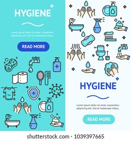 Hygiene Banner Vecrtical Set with Color Outline Icons for Promotion, Marketing or Advertising. Vector illustration of Sanitary Banners