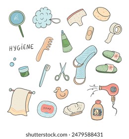 Hygiene and bath objects vector illustrations set.