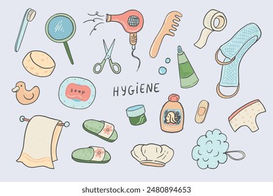 Hygiene and bath objects vector illustrations set.