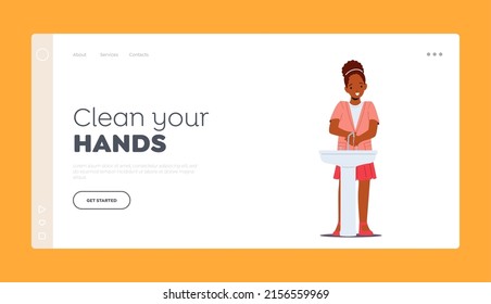 Hygiene Bath Procedure Landing Page Template. Happy African Girl Washing Hands, Children Daily Routine, Kid Female Character Stand at Sink Cleaning Dirty Palms. Cartoon People Vector Illustration