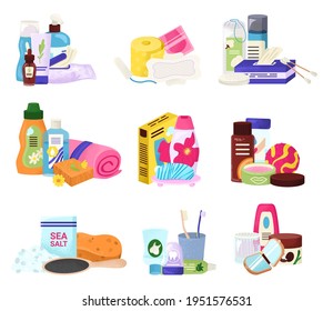 Hygiene bath product set, vector illustration. Beauty care by soap, shampoo bottle, liquid and cosmetic spray icon collection. Flat plastic container