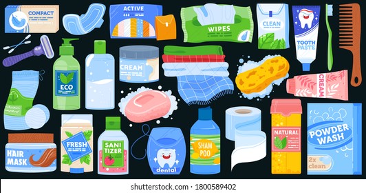 Hygiene bath product vector illustration set. Cartoon flat personal hygienics body care objects for bathroom collection with toothpaste and tooth brush, hair shampoo plastic bottle, soap, hand towels