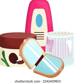 Hygiene bath product vector illustration. Beauty care by soap, shampoo bottle, liquid and cosmetic spray icon collection. Flat plastic container