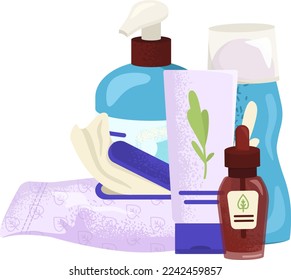 Hygiene bath product vector illustration. Beauty care by soap, shampoo bottle, liquid and cosmetic spray icon collection. Flat plastic container