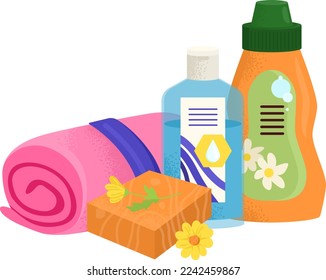 Ilustración vectorial de productos de baño de higiene. Atención de belleza por jabón, botella de champú, colección de íconos de spray líquido y cosmético. Envase de plástico plano