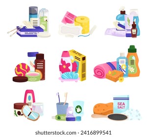 Hygiene bath product vector illustration. Beauty care by soap, shampoo bottle, liquid and cosmetic spray icon collection. Flat plastic container with lotion, cream, isolated on white design.