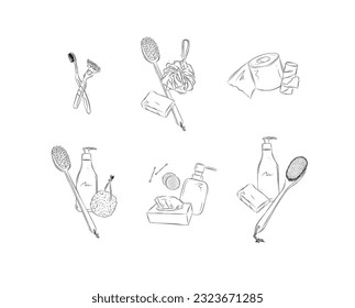 Hygiene bathroom accessories compositions with elements toothbrush, razor, soap, washcloth, shower brush, toilet paper roll, shampoo bottle, pumice stone, ear buds, cotton sponge, wipes white bg