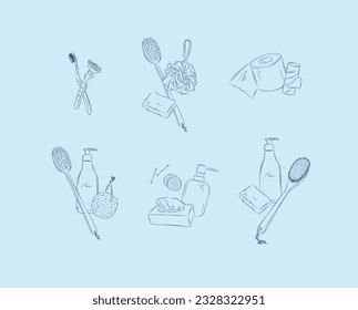 Hygiene bathroom accessories compositions with elements toothbrush, razor, soap, washcloth, shower brush, toilet paper roll, shampoo bottle, pumice stone, ear buds, cotton sponge, wipes blue bg