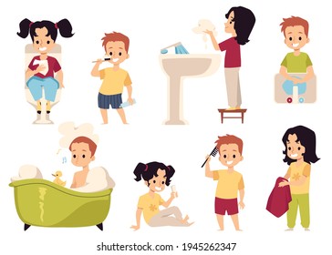 Hygiene in bathroom for kids girls and boys a vector isolated illustrations.